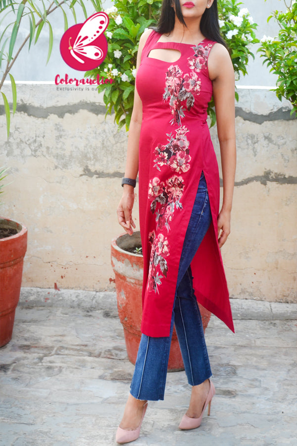 Raspberry Cotton Silk Sleeveless Patch Work Kurti