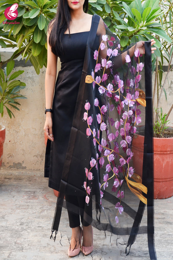 Black Organza Handpainted Floral Pink Stole