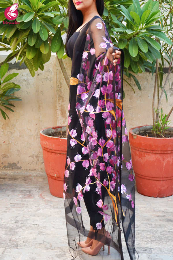 Black Organza Handpainted Floral Pink Stole