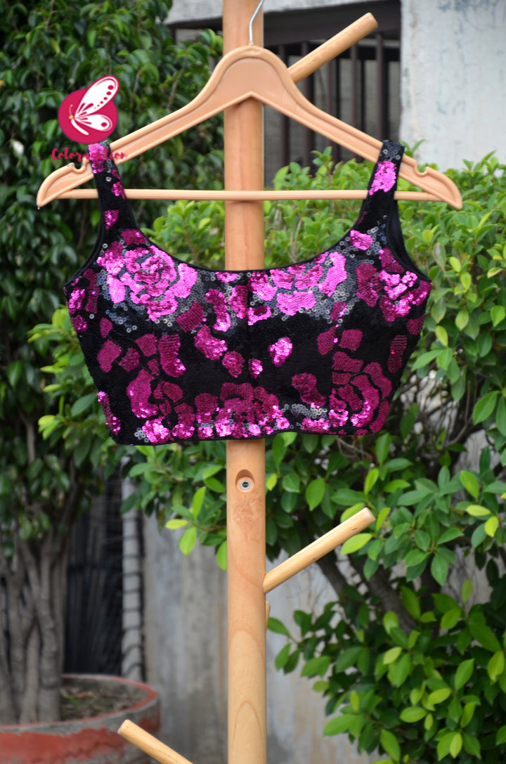 Black &amp; Pink Sequins Padded Backless Blouse