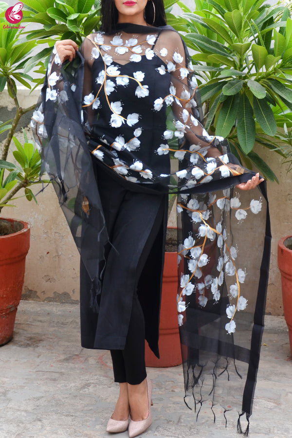 Black Organza Handpainted White Floral Stole