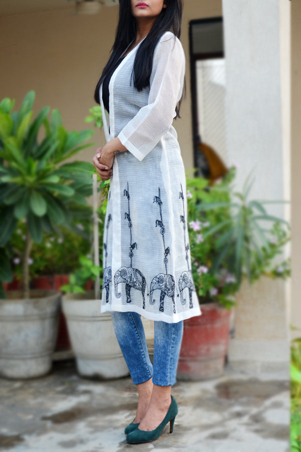 Off White Cotton Kota Embroidered Shrug