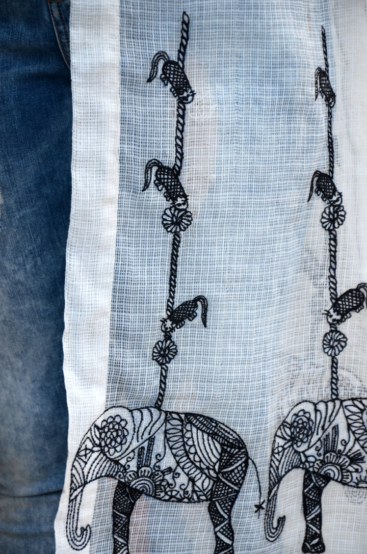 Off White Cotton Kota Embroidered Shrug