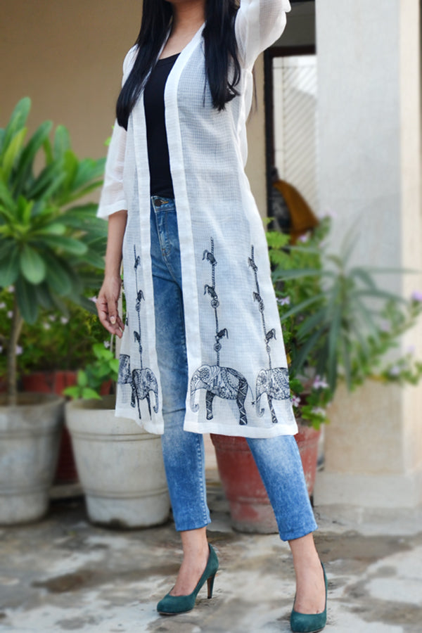 Off White Cotton Kota Embroidered Shrug