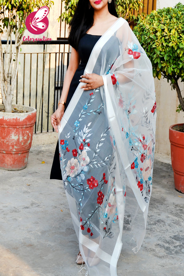 White Organza Handpainted Colorful Stole