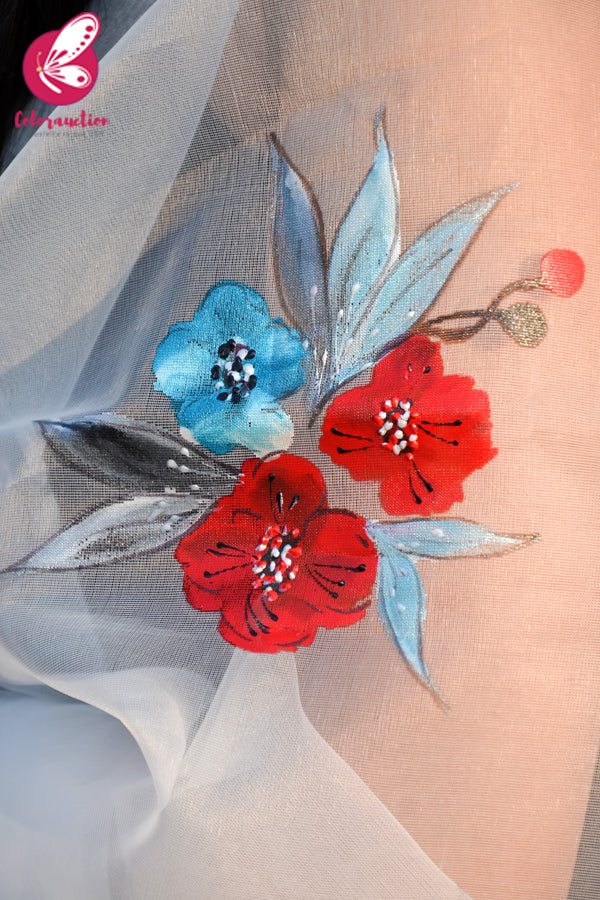 White Organza Handpainted Colorful Stole