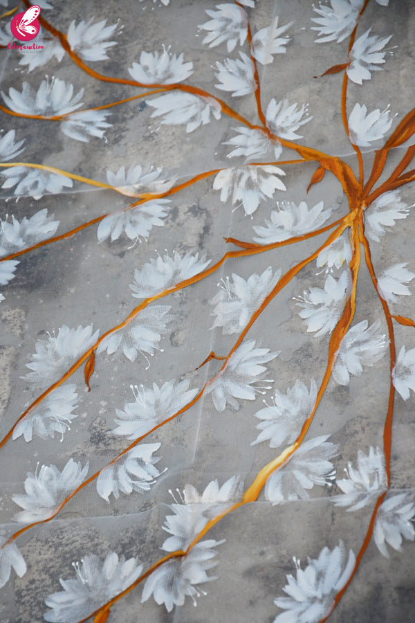 White Organza White Floral Hand painted Stole