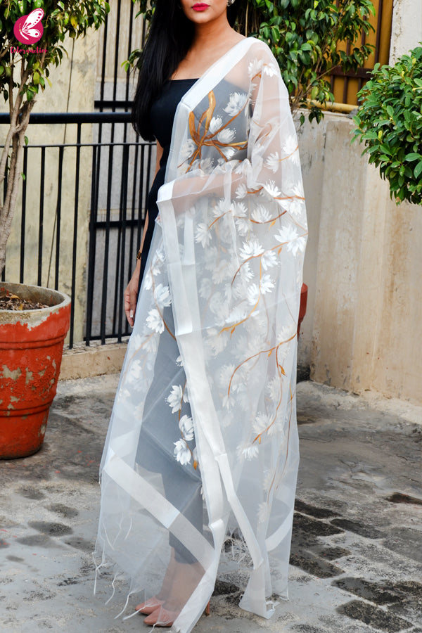 White Organza White Floral Hand painted Stole