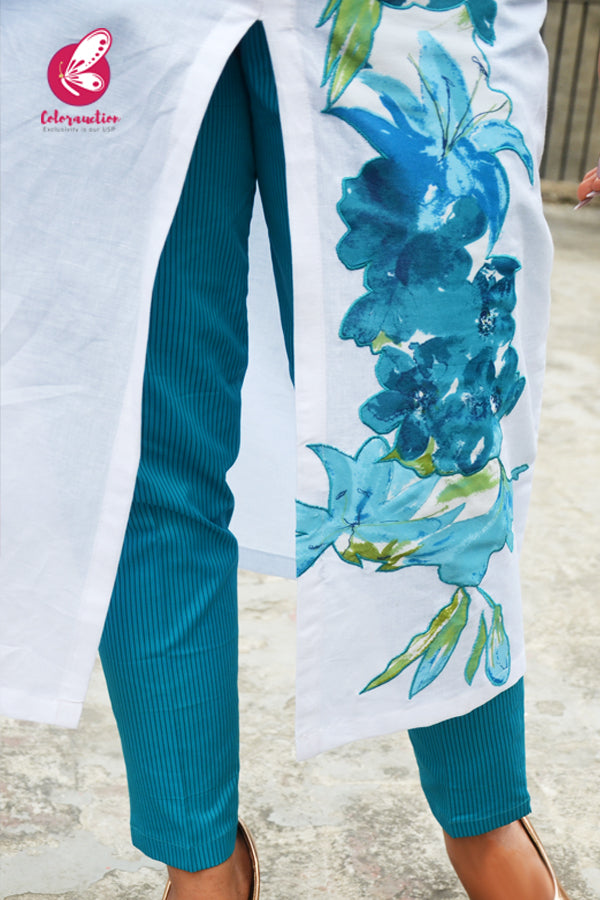 White Pure Linen Front Slit Applique Work Kurti with Blue Cotton Silk Stripes Pants Kurti Set