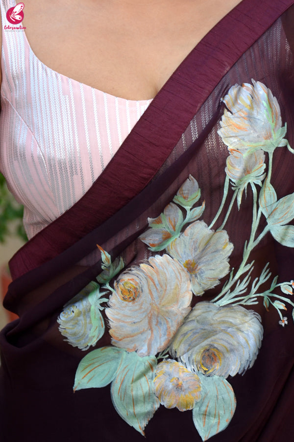 Wine Hand-painted Pure Silk Chiffon Saree