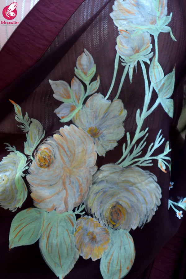 Wine Hand-painted Pure Silk Chiffon Saree