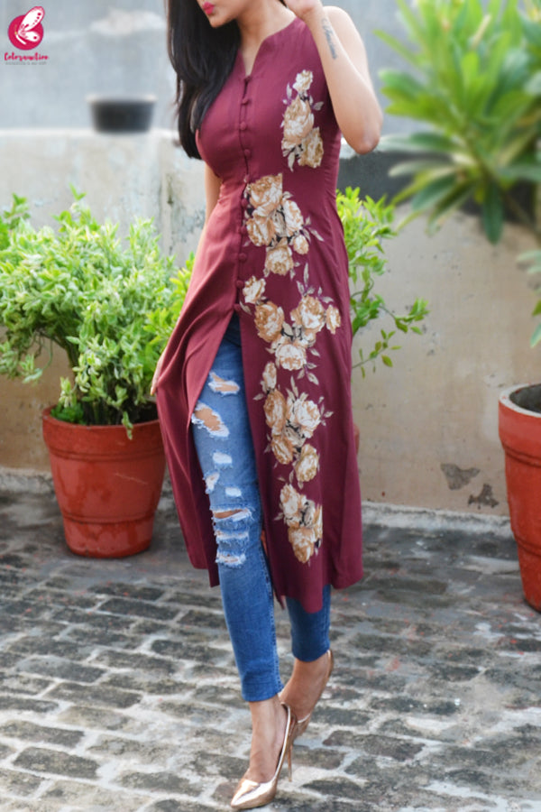 Wine Modal Rayon Patch Work Kurti