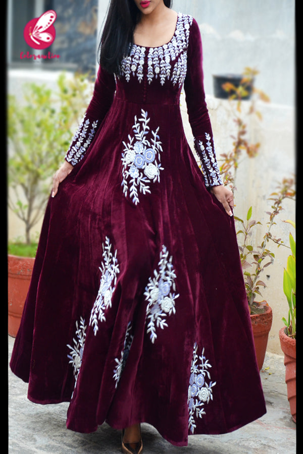 Wine Velvet Padded Dabka Zardosi Handwork Floor Length Gown