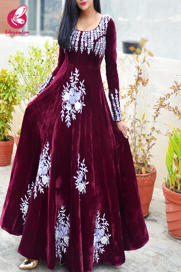 Wine Velvet Padded Dabka Zardosi Handwork Floor Length Gown