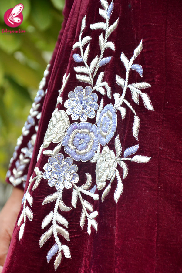 Wine Velvet Padded Dabka Zardosi Handwork Floor Length Gown
