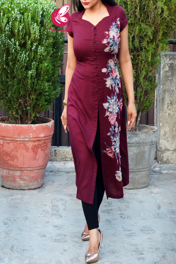 Wine Modal Rayon Short Sleeves Patch Work Kurti