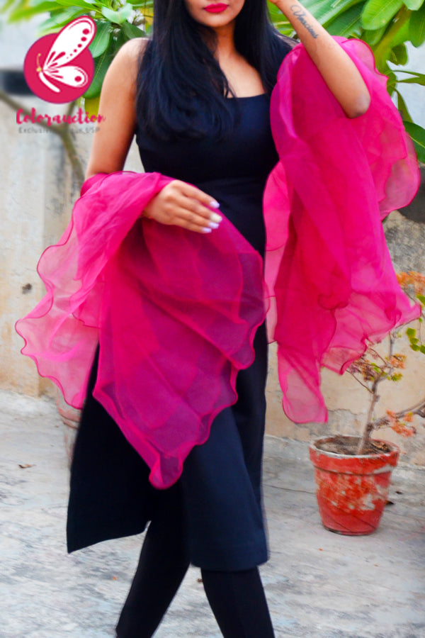 Dark Pink Pure Organza Three-Tier Ruffle Stole