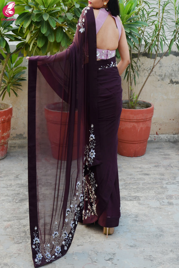 Wine Pure Silk Chiffon Sequins Pearl Handwork Saree