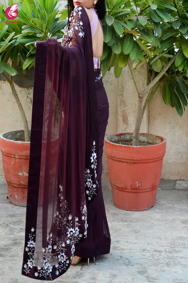 Wine Pure Silk Chiffon Sequins Pearl Handwork Saree
