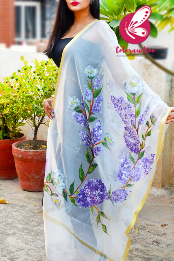 Off White Pure Organza Handpainted  Lilac Purple Floral Stole