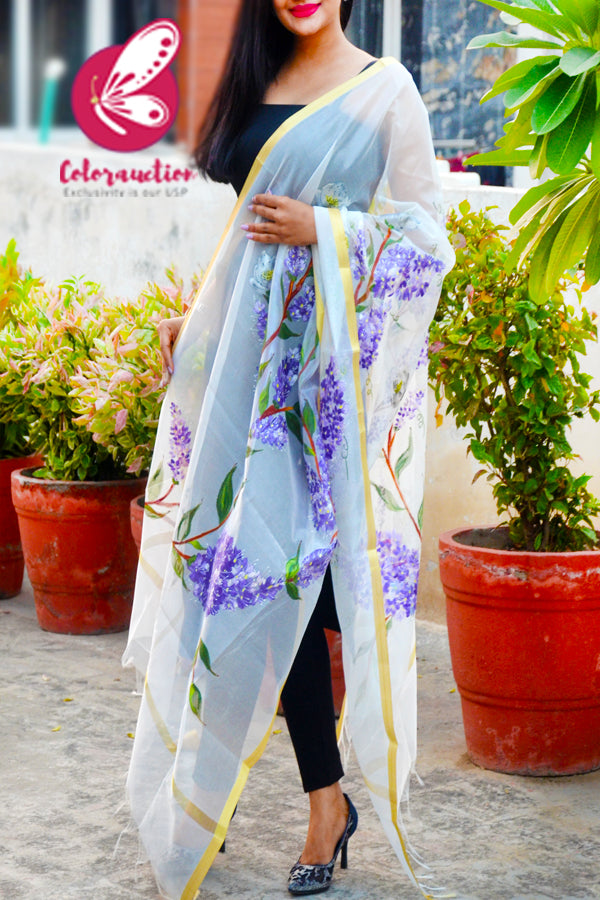 Off White Pure Organza Handpainted  Lilac Purple Floral Stole