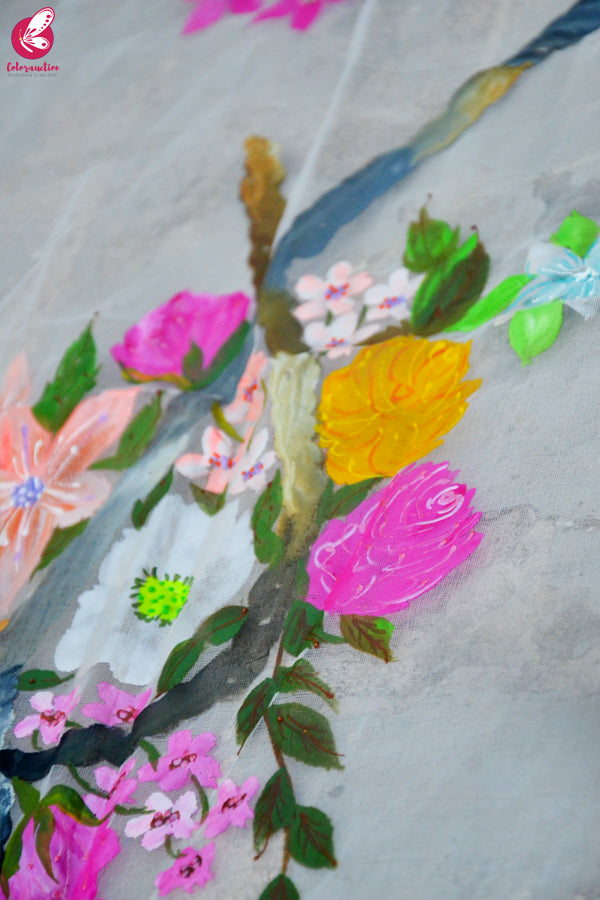 White Organza Handpainted Colorful Floral Stole