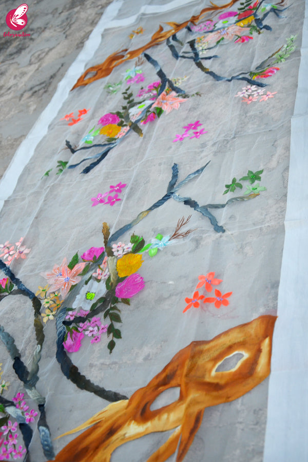 White Organza Handpainted Colorful Floral Stole