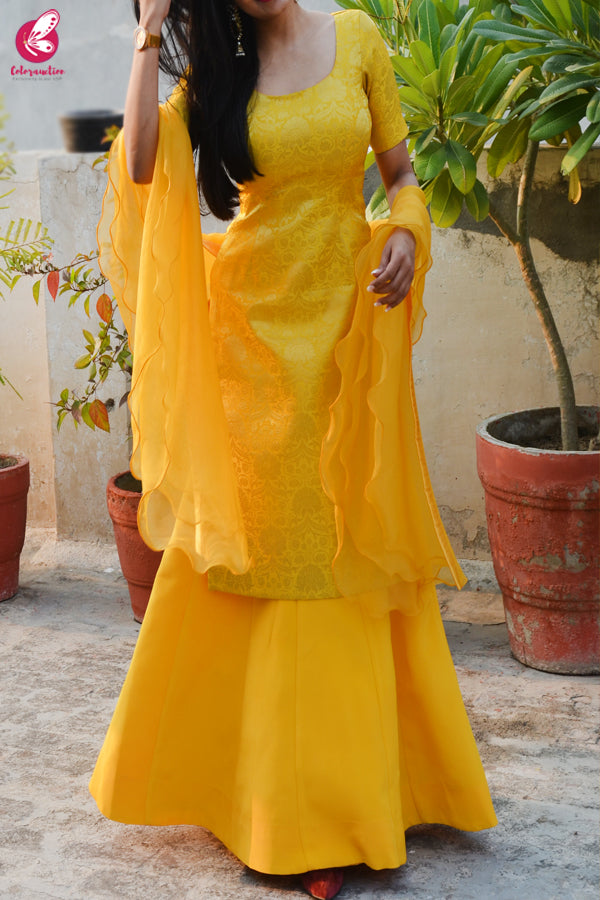 Yellow Brocade Padded Kurta with Yellow Crepe Skirt and Yellow Pure Organza Ruffle Dupatta