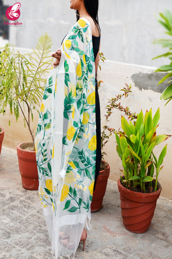 White Organza Yellow Peonies Hand painted Stole