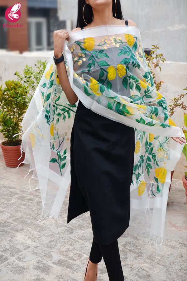 White Organza Yellow Peonies Hand painted Stole