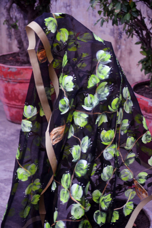 Black Organza Neon Yellow Floral Handpainted Stole