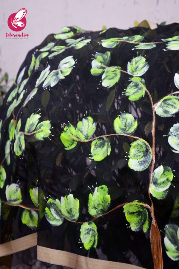 Black Organza Neon Yellow Floral Handpainted Stole