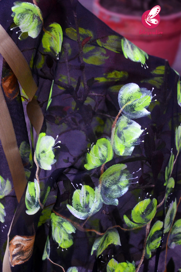 Black Organza Neon Yellow Floral Handpainted Stole