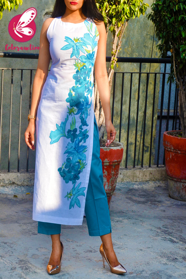 White Pure Linen Applique Work Kurti with Blue Cotton Silk Stripe Pants Kurti Set