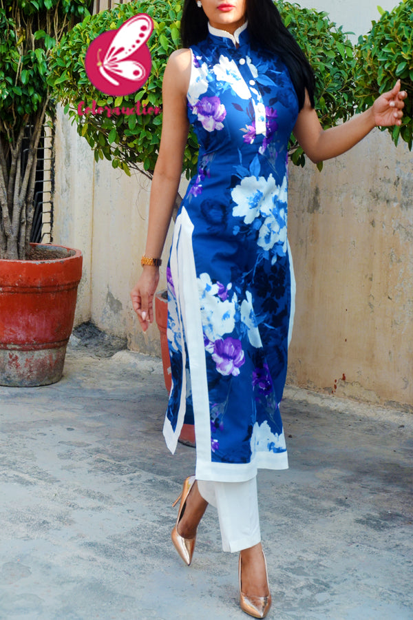 Blue Rayon Printed Floral Kurti with White Cotton Silk Pants Kurti Set