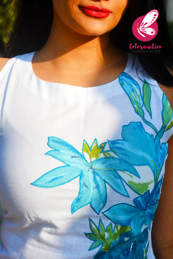 White Pure Linen Applique Work Kurti with Blue Cotton Silk Stripe Pants Kurti Set