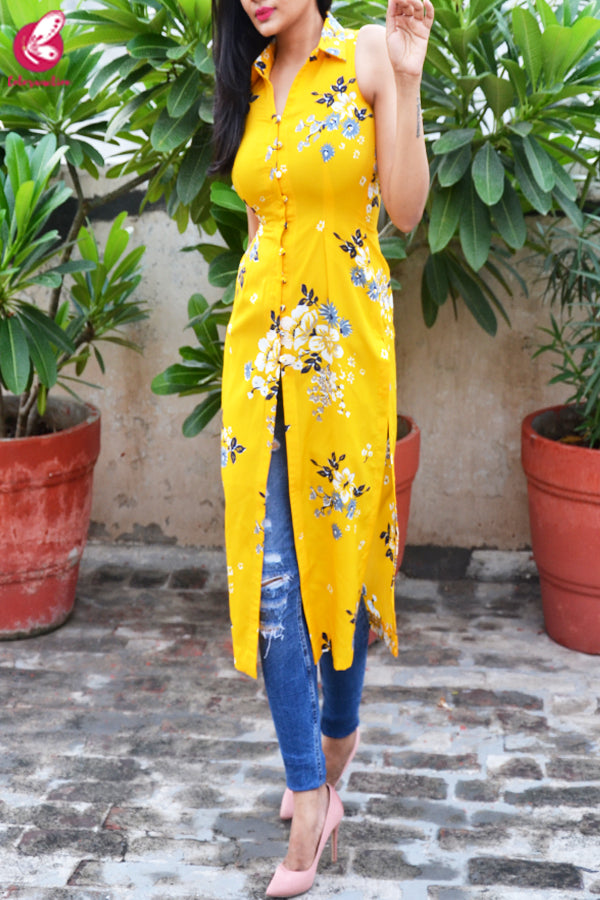 Yellow Printed Front Slit Crepe Kurti