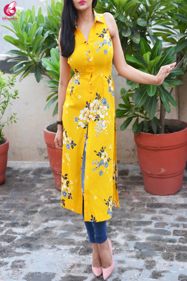 Yellow Printed Front Slit Crepe Kurti