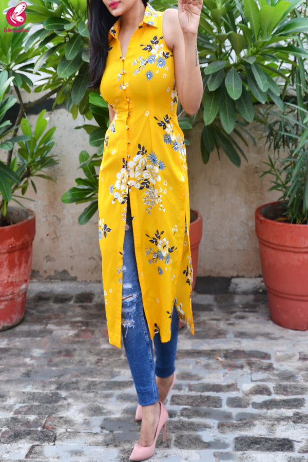 Yellow Printed Front Slit Crepe Kurti