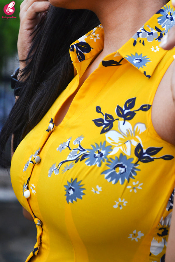 Yellow Printed Front Slit Crepe Kurti