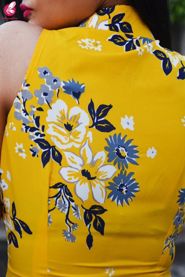Yellow Printed Front Slit Crepe Kurti