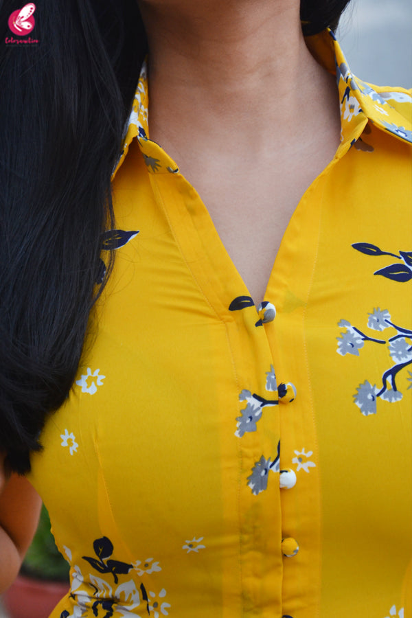 Yellow Printed Front Slit Crepe Kurti