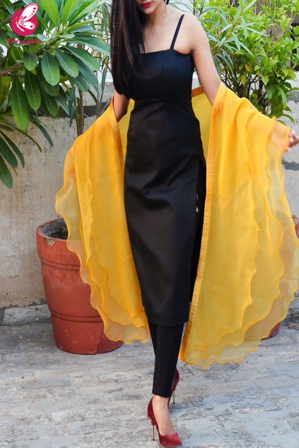 Turmeric Yellow Pure Organza Three-Tier Ruffle Stole