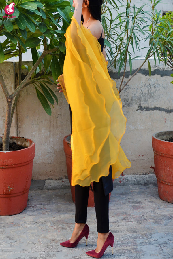 Turmeric Yellow Pure Organza Three-Tier Ruffle Stole