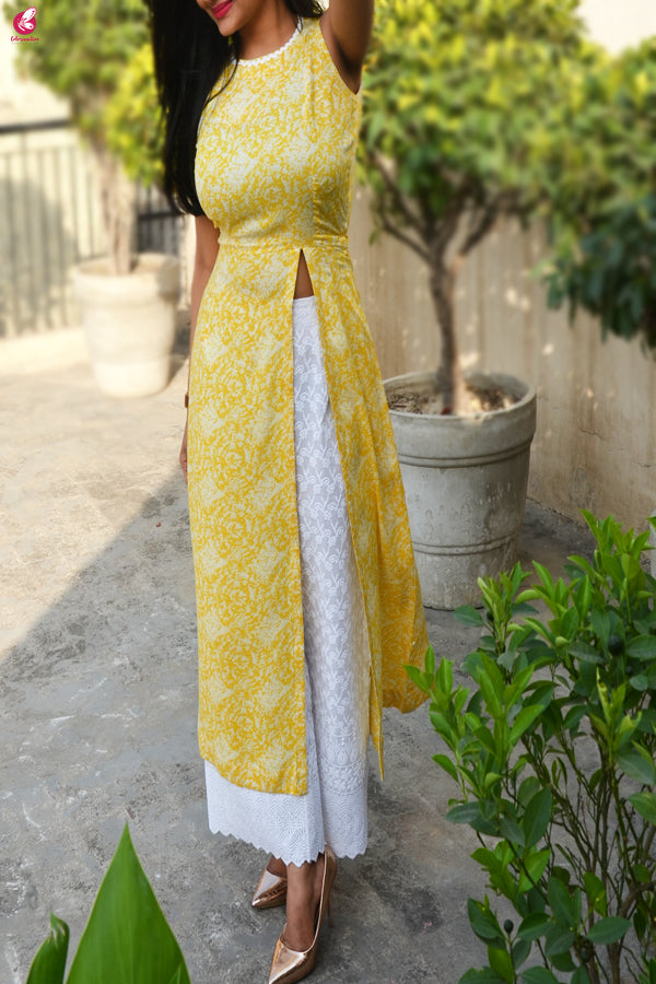 Lemon Printed Modal Rayon Sleeveless Long Kurti