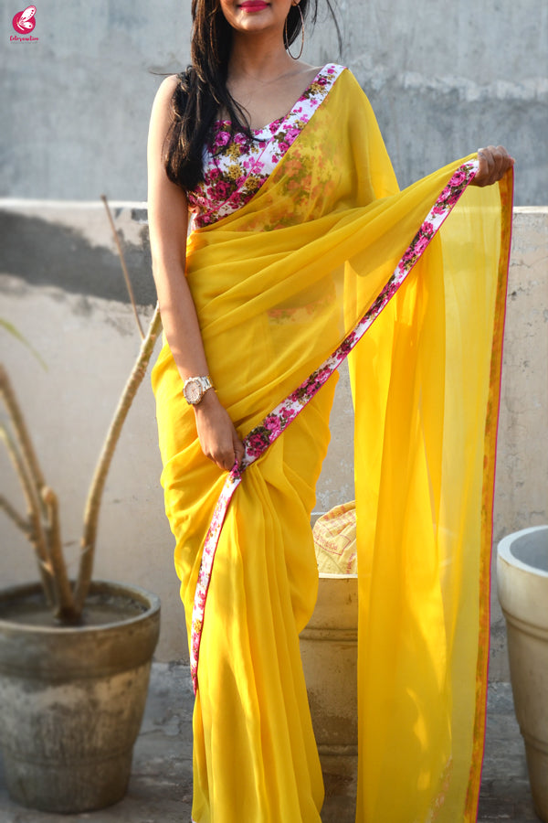 Yellow Georgette Floral Border Saree