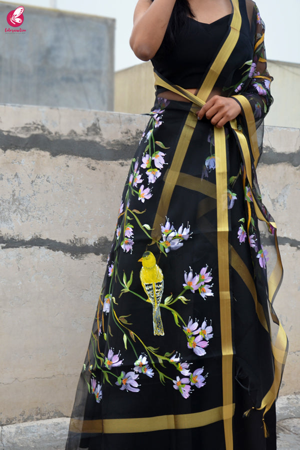 Black Organza Floral Birds Handpainted Stole