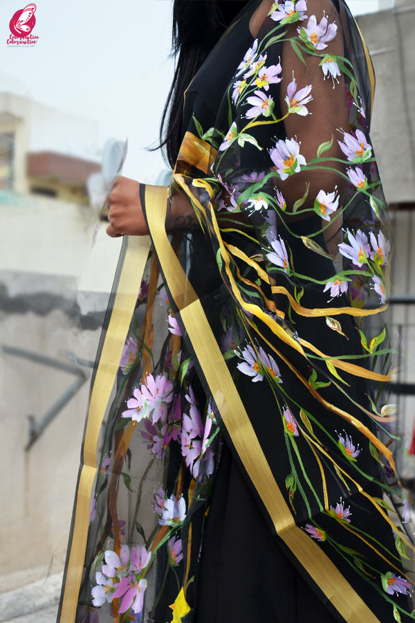Black Organza Floral Birds Handpainted Stole