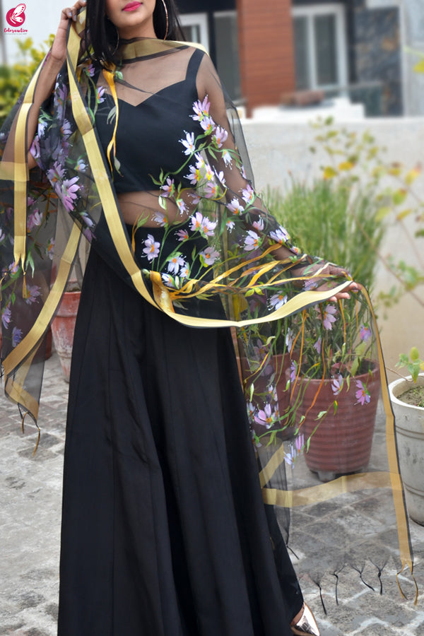 Black Organza Floral Birds Handpainted Stole