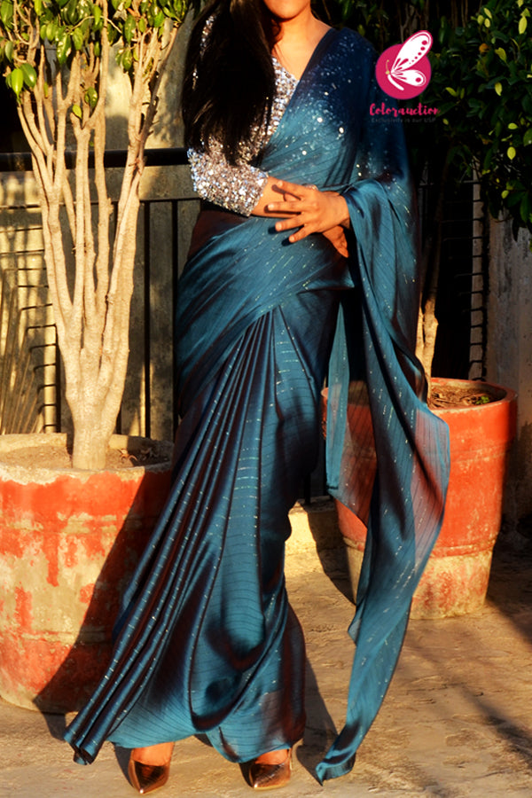 Teal Blue Satin Georgette Fancy Saree